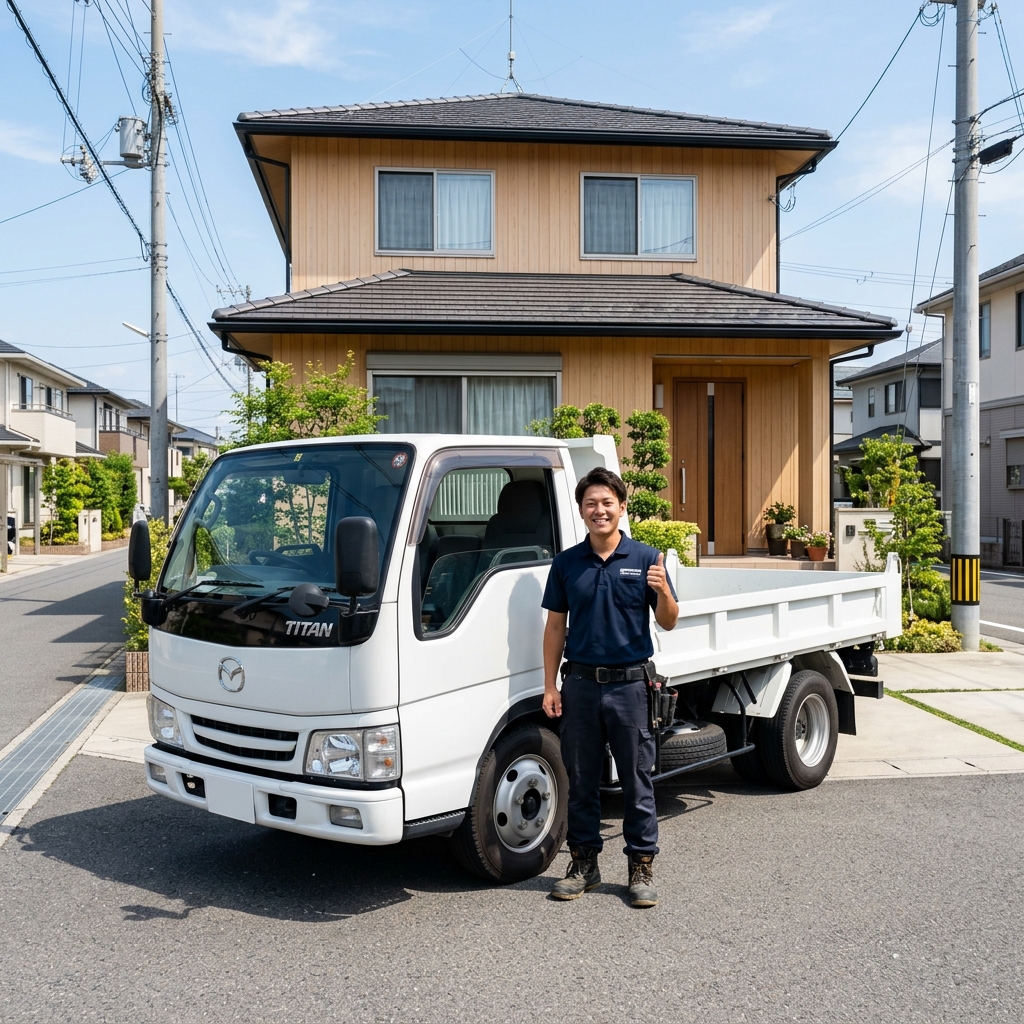 不用品回収トップサービス広島 代表河田・中塚と自社専任スタッフ・軽トラック