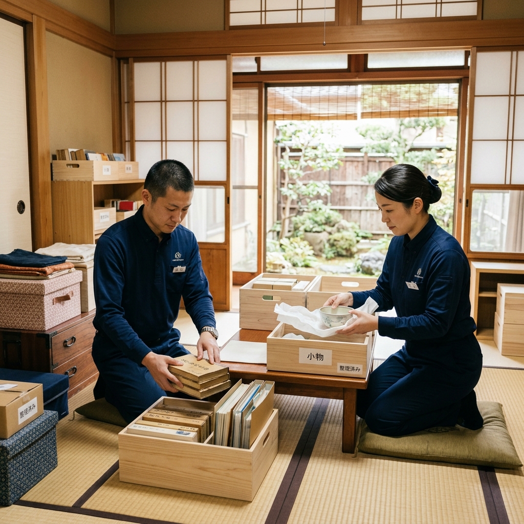 白手袋をして故人の大切な遺品・想い出の品を丁寧に整理するスタッフ